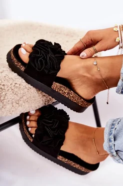 Boto Klapki Damskie Klasyczne*Damskie Zamszowe Klapki Z Ozdobą Czarne Nemis