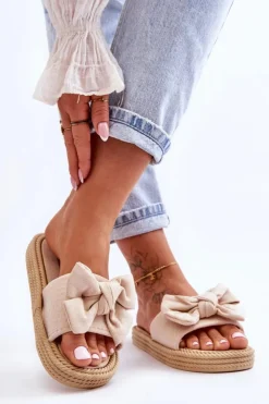 Damskie Boto Damskie Zamszowe Klapki Z Kokardą Beżowe Fency