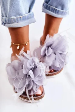 Damskie Boto Damskie Zamszowe Klapki Z Ozdobnym Kwiatem Szare Alimos