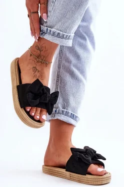 Damskie Boto Damskie Zamszowe Klapki Z Kokardą Czarne Fency