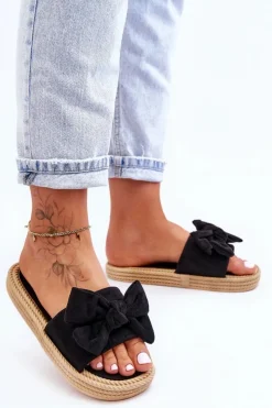 Damskie Boto Damskie Zamszowe Klapki Z Kokardą Czarne Fency