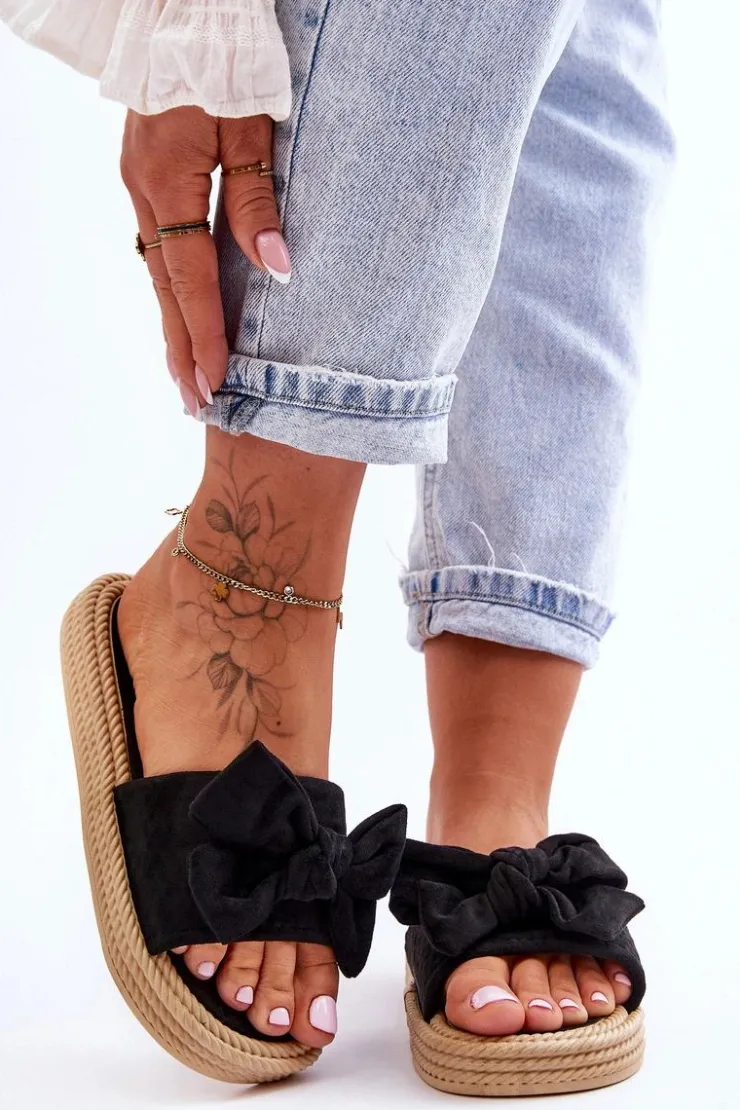 Damskie Boto Damskie Zamszowe Klapki Z Kokardą Czarne Fency