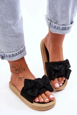 Damskie Boto Damskie Zamszowe Klapki Z Kokardą Czarne Fency