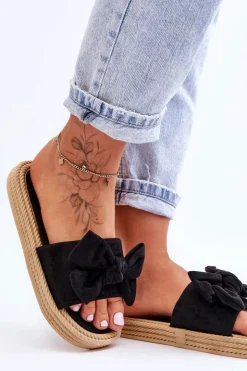 Damskie Boto Damskie Zamszowe Klapki Z Kokardą Czarne Fency