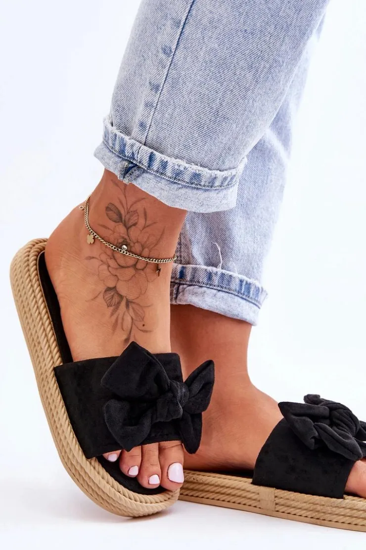 Damskie Boto Damskie Zamszowe Klapki Z Kokardą Czarne Fency