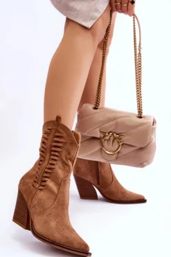 Damskie Boto Damskie Zamszowe Kowbojki Botki Na Suwak Brązowe Lanna