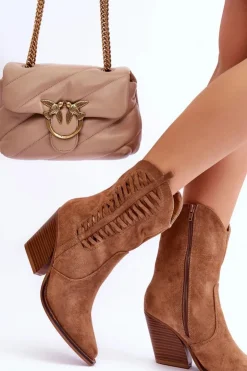 Damskie Boto Damskie Zamszowe Kowbojki Botki Na Suwak Brązowe Lanna