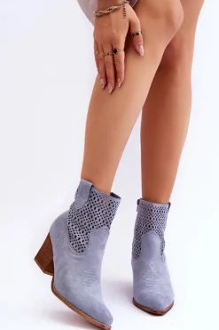 Damskie Boto Damskie Zamszowe Kowbojki Botki Na Słupku Jasnoniebieskie Norvella