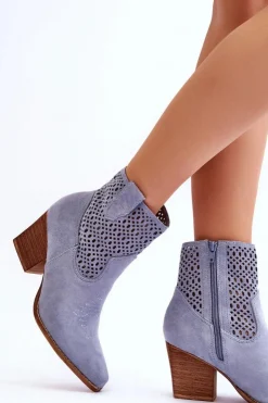 Damskie Boto Damskie Zamszowe Kowbojki Botki Na Słupku Jasnoniebieskie Norvella