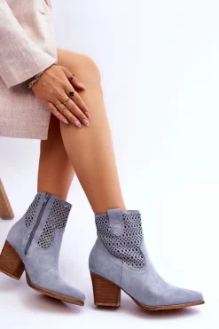 Damskie Boto Damskie Zamszowe Kowbojki Botki Na Słupku Jasnoniebieskie Norvella