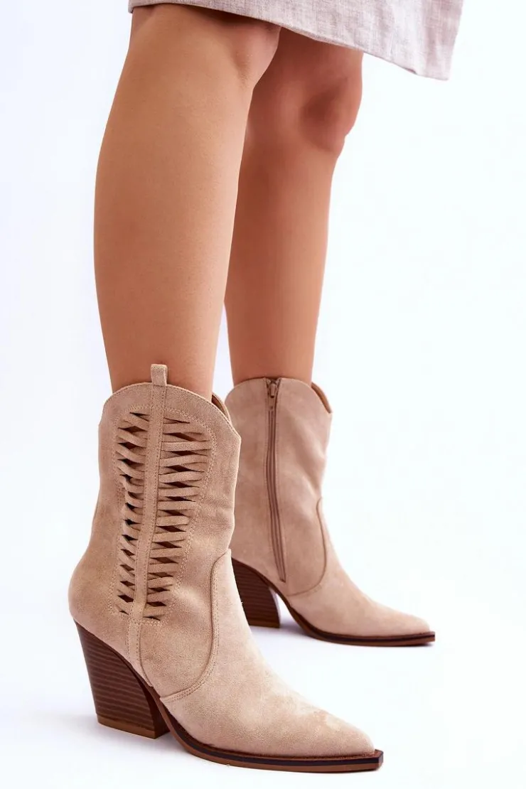 Online Boto Damskie Zamszowe Kowbojki Botki Na Suwak Beżowe Lanna