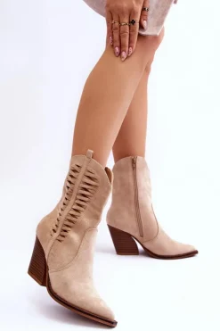 Online Boto Damskie Zamszowe Kowbojki Botki Na Suwak Beżowe Lanna