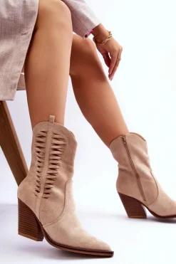 Online Boto Damskie Zamszowe Kowbojki Botki Na Suwak Beżowe Lanna