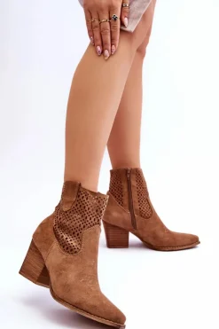 Boto Botki Wiosenne|Botki Na Słupku*Damskie Zamszowe Kowbojki Botki Na Słupku Brązowe Norvella