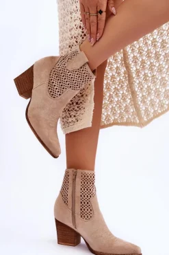 Boto Botki Wiosenne|Botki Na Słupku*Damskie Zamszowe Kowbojki Botki Na Słupku Beżowe Norvella