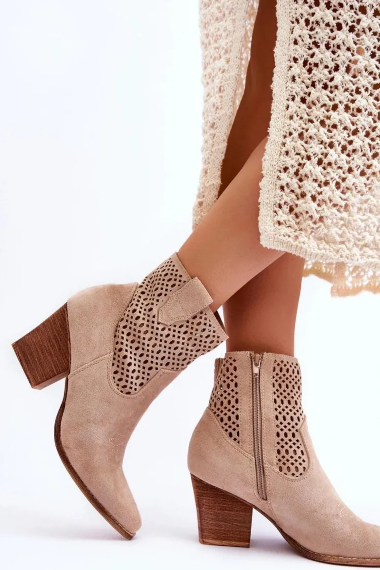Boto Botki Wiosenne|Botki Na Słupku*Damskie Zamszowe Kowbojki Botki Na Słupku Beżowe Norvella