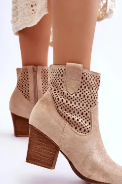 Boto Botki Wiosenne|Botki Na Słupku*Damskie Zamszowe Kowbojki Botki Na Słupku Beżowe Norvella