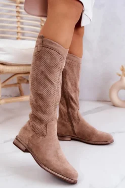 Damskie buty S.Barski Kozaki Wiosenne|Kozaki Ażurowe*Damskie Zamszowe Kozaki Ażurowe Beżowe Thessie