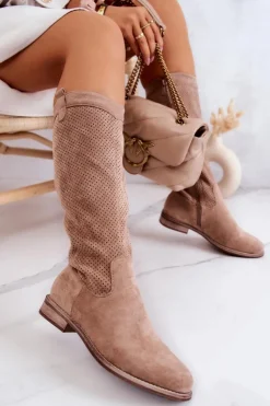 Damskie buty S.Barski Kozaki Wiosenne|Kozaki Ażurowe*Damskie Zamszowe Kozaki Ażurowe Beżowe Thessie