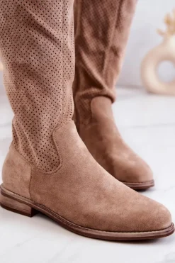 Damskie buty S.Barski Kozaki Wiosenne|Kozaki Ażurowe*Damskie Zamszowe Kozaki Ażurowe Beżowe Thessie