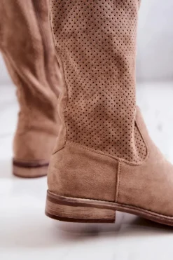Damskie buty S.Barski Kozaki Wiosenne|Kozaki Ażurowe*Damskie Zamszowe Kozaki Ażurowe Beżowe Thessie