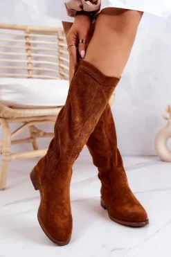 Damskie buty S.Barski Kozaki Wiosenne|Kozaki Ażurowe*Damskie Zamszowe Kozaki Ażurowe Camel Thessie