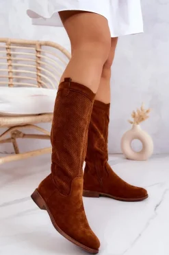 Damskie buty S.Barski Kozaki Wiosenne|Kozaki Ażurowe*Damskie Zamszowe Kozaki Ażurowe Camel Thessie