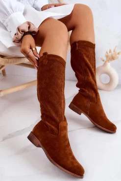 Damskie buty S.Barski Kozaki Wiosenne|Kozaki Ażurowe*Damskie Zamszowe Kozaki Ażurowe Camel Thessie