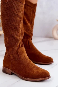 Damskie buty S.Barski Kozaki Wiosenne|Kozaki Ażurowe*Damskie Zamszowe Kozaki Ażurowe Camel Thessie