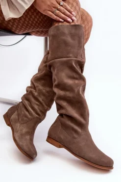 Damskie Maciejka Damskie Zamszowe Kozaki Do Kolan 05790-04 Beżowe