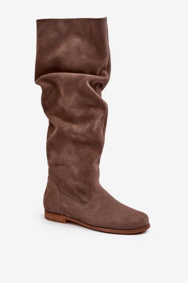 Damskie Maciejka Damskie Zamszowe Kozaki Do Kolan 05790-04 Beżowe