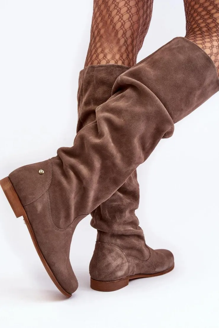 Damskie Maciejka Damskie Zamszowe Kozaki Do Kolan 05790-04 Beżowe