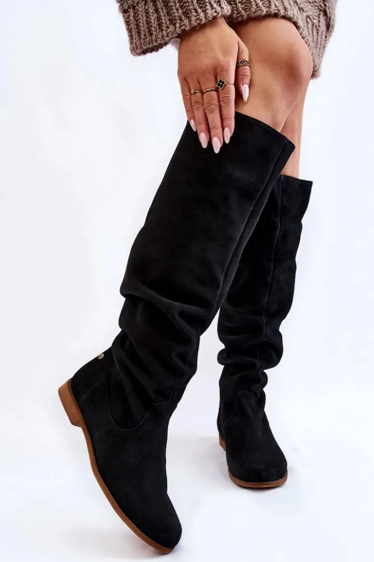 Maciejka Kozaki Wiosenne|Kozaki Płaskie*Damskie Zamszowe Kozaki Do Kolan 05790-01 Czarne