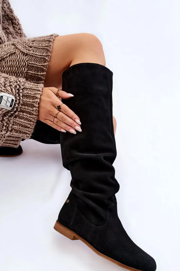 Maciejka Kozaki Wiosenne|Kozaki Płaskie*Damskie Zamszowe Kozaki Do Kolan 05790-01 Czarne