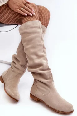 Maciejka Kozaki Wiosenne|Kozaki Płaskie*Damskie Zamszowe Kozaki Do Kolan 05790-22 Jasnobeżowe
