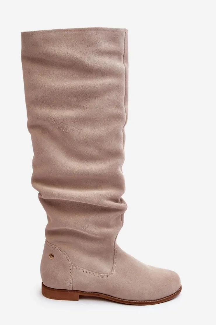 Maciejka Kozaki Wiosenne|Kozaki Płaskie*Damskie Zamszowe Kozaki Do Kolan 05790-22 Jasnobeżowe