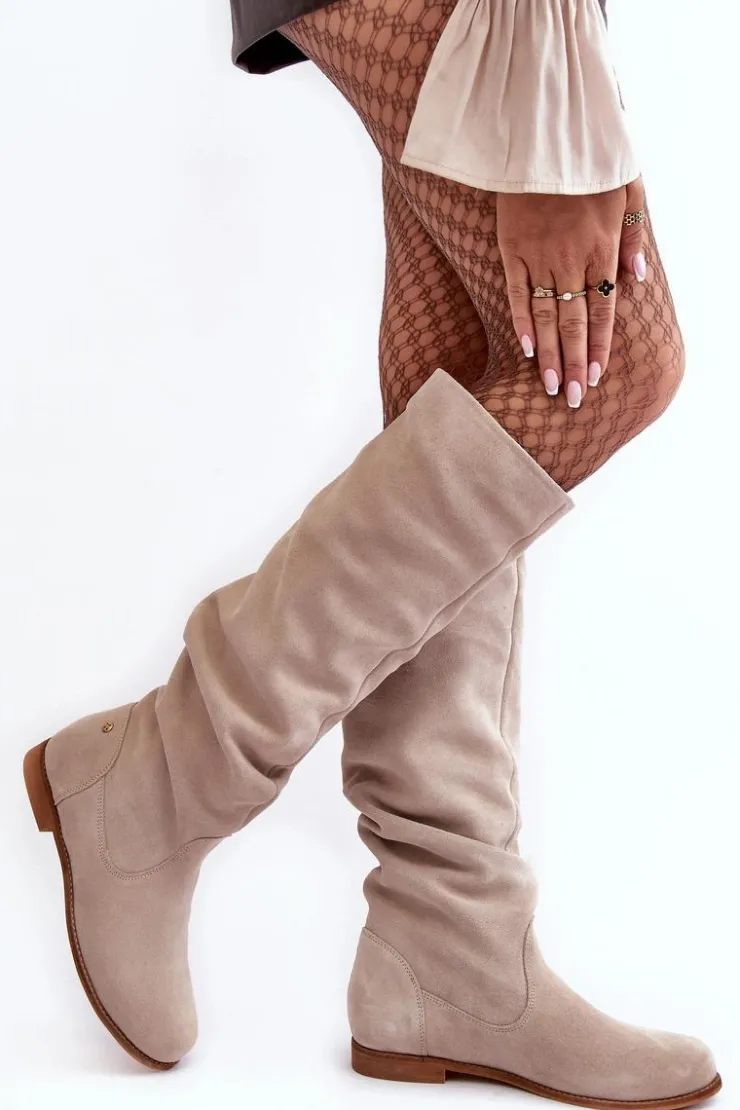 Maciejka Kozaki Wiosenne|Kozaki Płaskie*Damskie Zamszowe Kozaki Do Kolan 05790-22 Jasnobeżowe