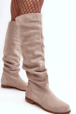 Maciejka Kozaki Wiosenne|Kozaki Płaskie*Damskie Zamszowe Kozaki Do Kolan 05790-22 Jasnobeżowe