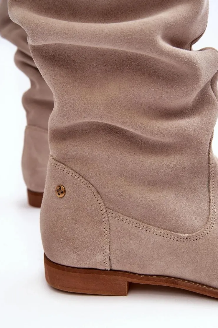 Maciejka Kozaki Wiosenne|Kozaki Płaskie*Damskie Zamszowe Kozaki Do Kolan 05790-22 Jasnobeżowe