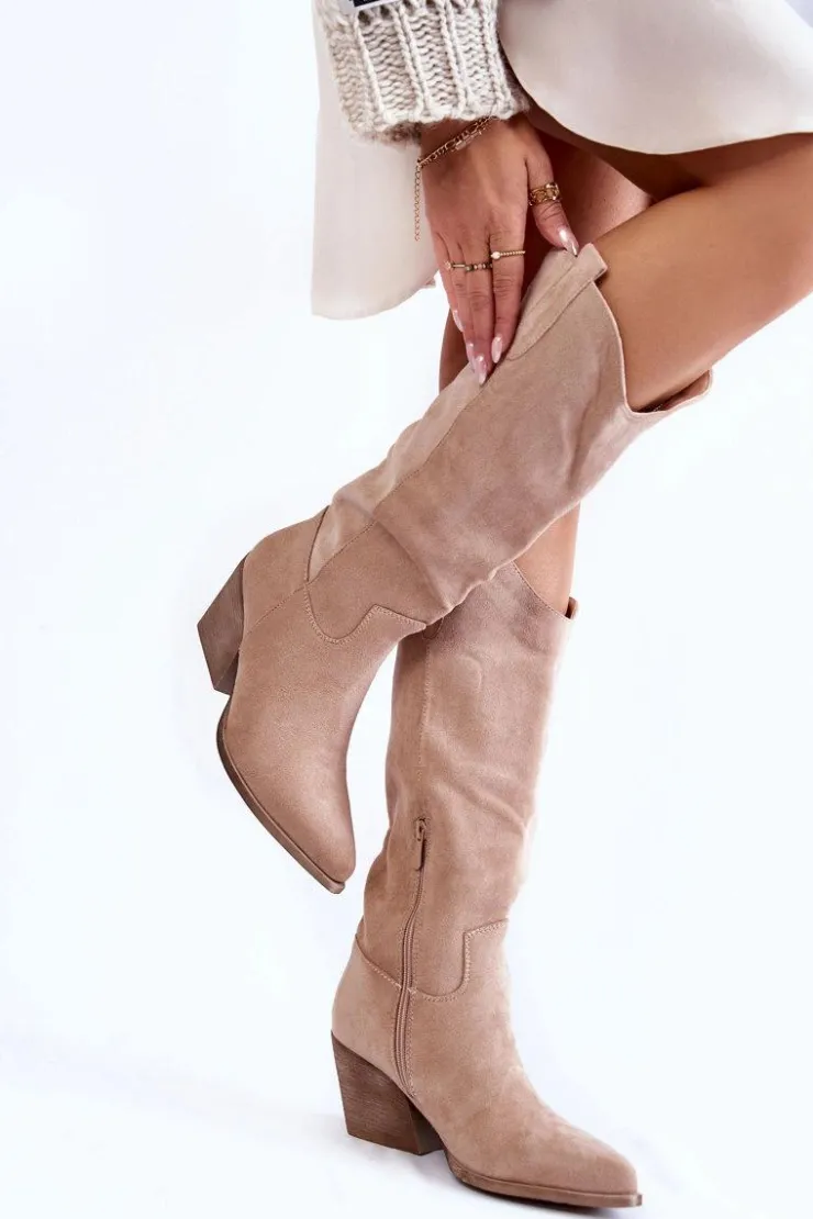 Boto Kozaki Przed Kolano|Kozaki Na Obcasie*Damskie Zamszowe Kozaki Kowbojki Beżowe Alaina
