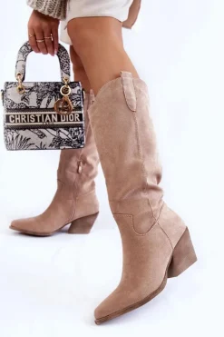 Boto Kozaki Przed Kolano|Kozaki Na Obcasie*Damskie Zamszowe Kozaki Kowbojki Beżowe Alaina