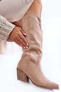 Boto Kozaki Przed Kolano|Kozaki Na Obcasie*Damskie Zamszowe Kozaki Kowbojki Beżowe Alaina