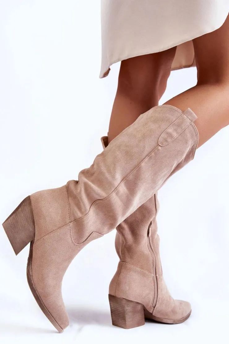Boto Kozaki Przed Kolano|Kozaki Na Obcasie*Damskie Zamszowe Kozaki Kowbojki Beżowe Alaina