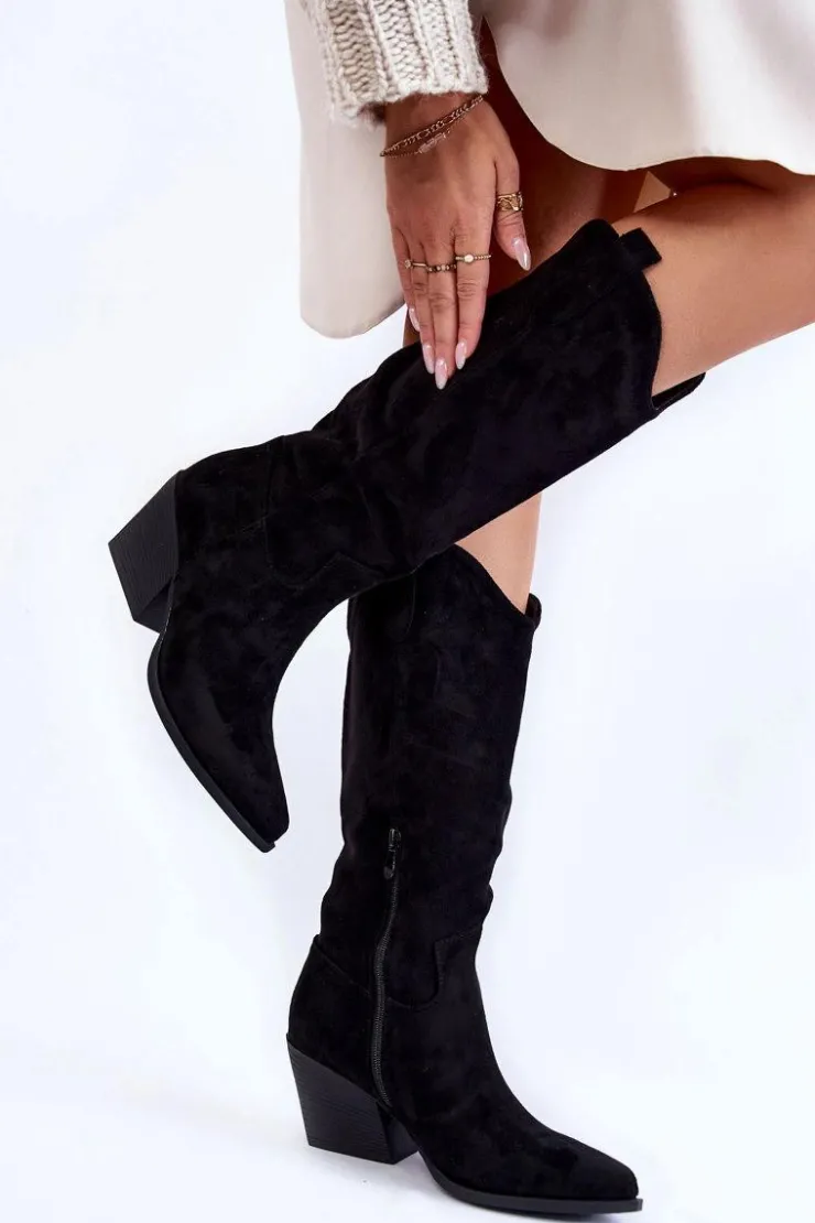 Sale Boto Damskie Zamszowe Kozaki Kowbojki Czarne Alaina