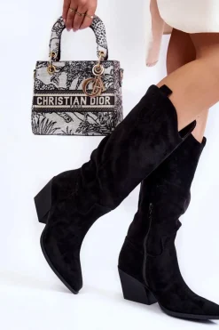 Sale Boto Damskie Zamszowe Kozaki Kowbojki Czarne Alaina