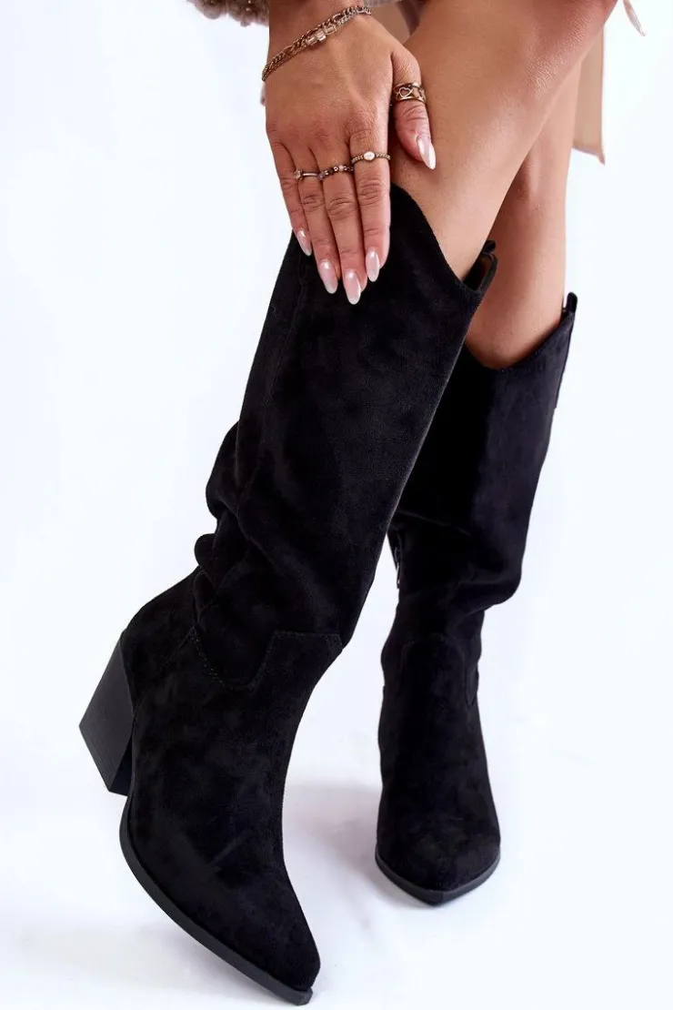 Sale Boto Damskie Zamszowe Kozaki Kowbojki Czarne Alaina