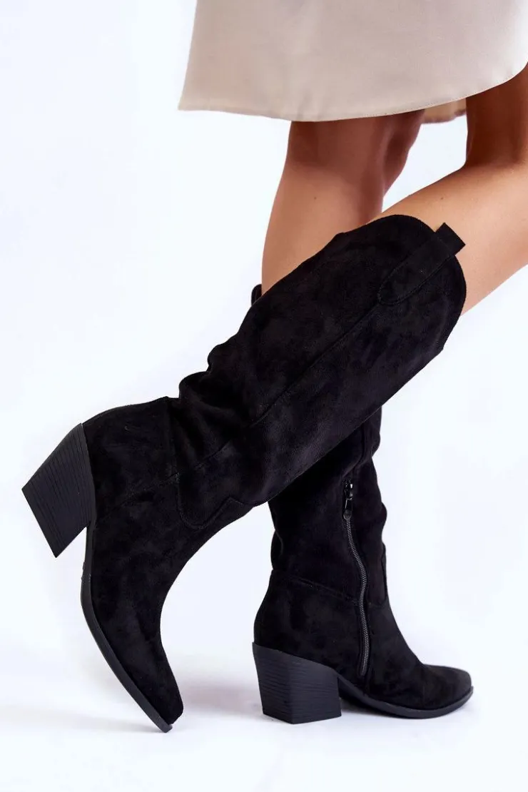 Sale Boto Damskie Zamszowe Kozaki Kowbojki Czarne Alaina