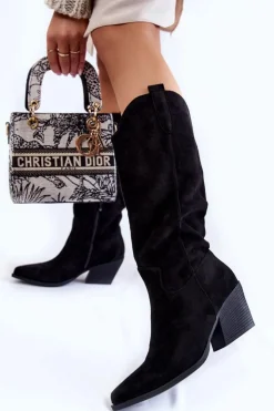 Sale Boto Damskie Zamszowe Kozaki Kowbojki Czarne Alaina