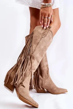 Damskie Boto Damskie Zamszowe Kozaki Kowbojki Z Frędzlami Beżowe Simplo