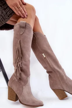 Boto Kozaki Wiosenne|Kozaki Przed Kolano*Damskie Zamszowe Kozaki Kowbojki Lewski 3094/F Szare
